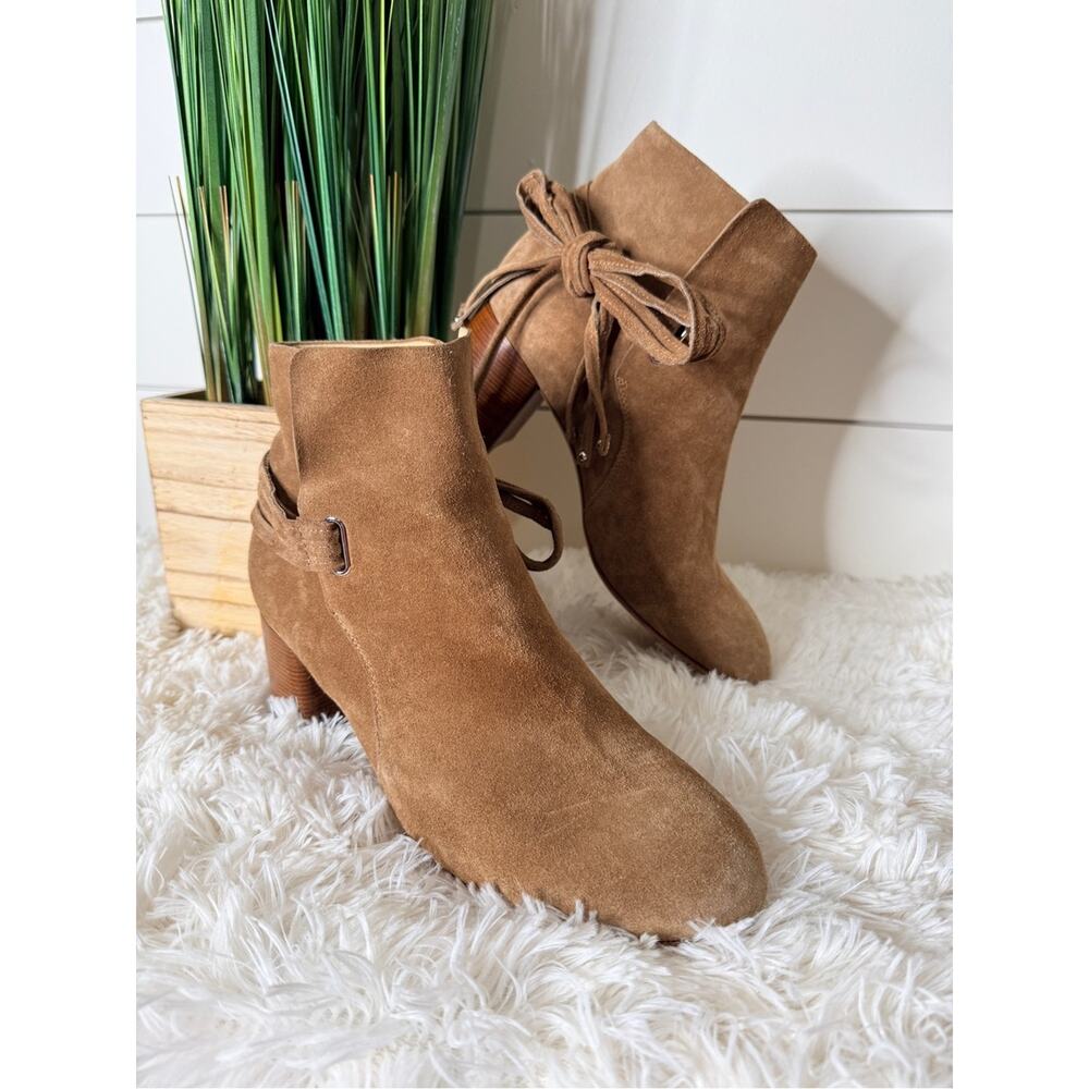 Rag & Bone Dalia II Suede Studded Tassel Tie Chunky Heel Bootie Camel Size 39 - Picture 2 of 10
